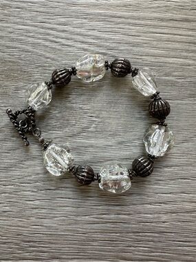 Handmade Clear Glass & Silver Foil Bead Bracelet 8” Artisanal